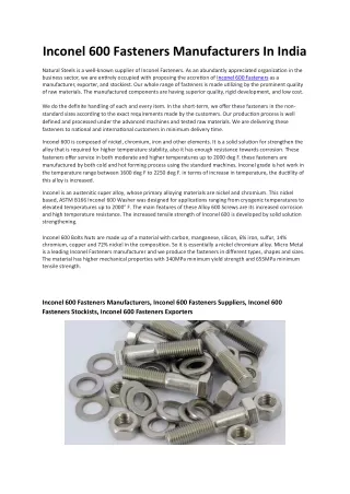 Inconel 600 Fasteners Manufacturers In India