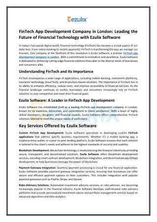 FinTech App Development Company in London- Ezulix Software UK