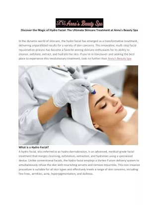 Discover the Magic of Hydro Facial: The Ultimate Skincare Treatment at Anna's Be