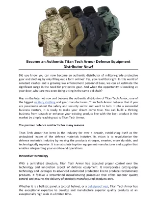 Become an Authentic Titan Tech Armor Defence Equipment Distributor Now!