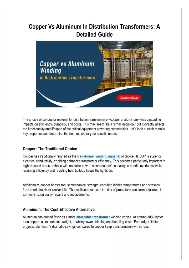 copper vs aluminum in distribution transformers