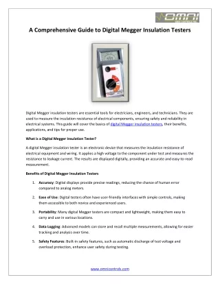 A Comprehensive Guide to Digital Megger Insulation Testers