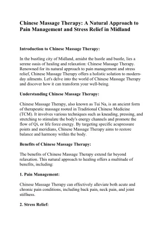 Chinese Massage Therapy A Natural Approach to Pain Management and Stress Relief in Midland