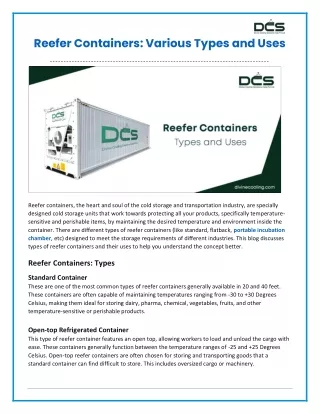 Reefer Containers - Various Types and Uses