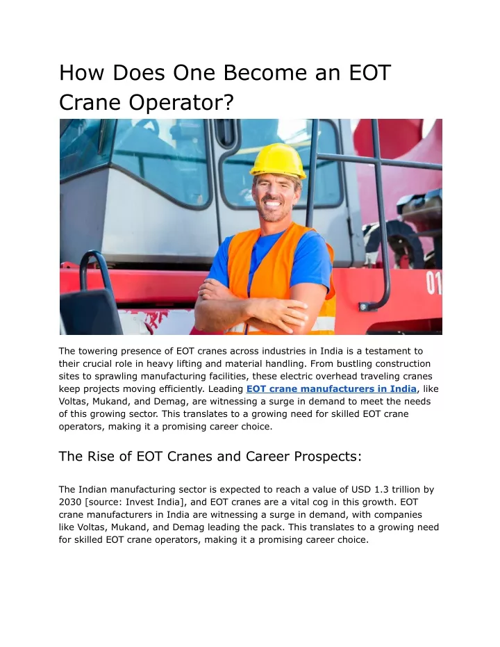 how does one become an eot crane operator