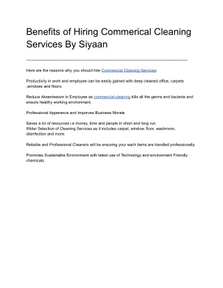 Benefits of Hiring Commerical Cleaning Services By Siyaan