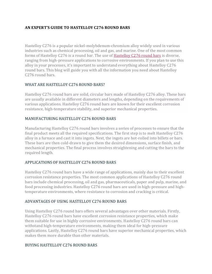 an expert s guide to hastelloy c276 round bars