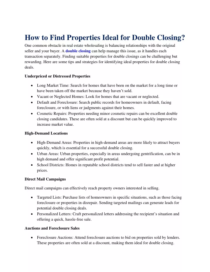 how to find properties ideal for double closing