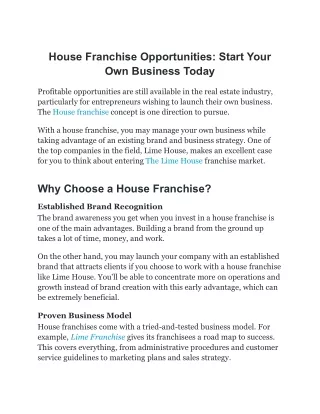 House Franchise Opportunities