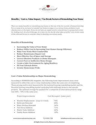 Benefits / Cost vs. Value Impact / Tax Break Factors of Remodeling Your Home