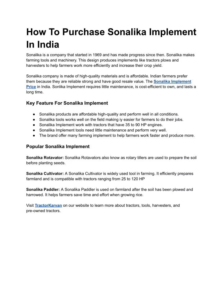 how to purchase sonalika implement in india