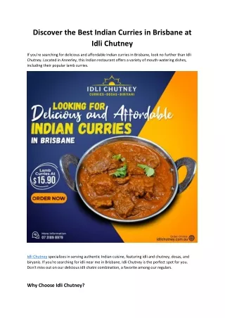 Discover the Best Indian Curries in Brisbane at Idli Chutney