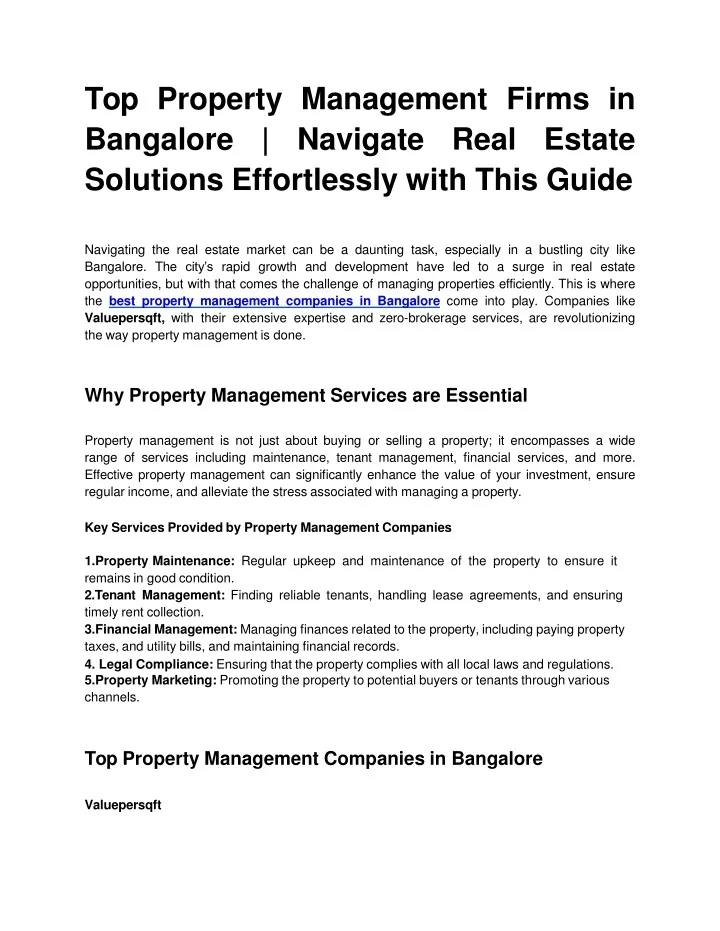 PPT - Top Property Management Firms in Bangalore PowerPoint ...