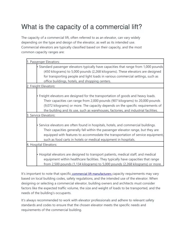 what is the capacity of a commercial lift