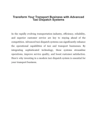 Transform Your Transport Business with Advanced Taxi Dispatch Systems