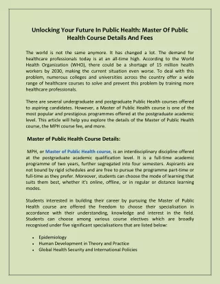 Unlocking Your Future In Public Health Master Of Public Health Course Details And Fees