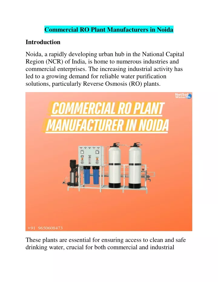 commercial ro plant manufacturers in noida