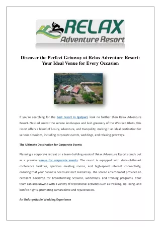 Resort Near Mumbai | Relax Adventure Resort