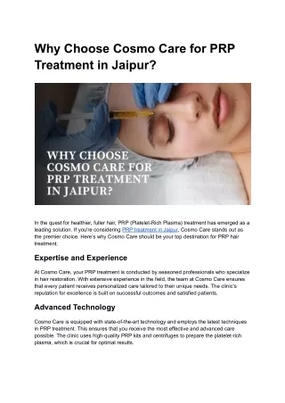 Why Choose Cosmo Care for PRP Treatment in Jaipur_