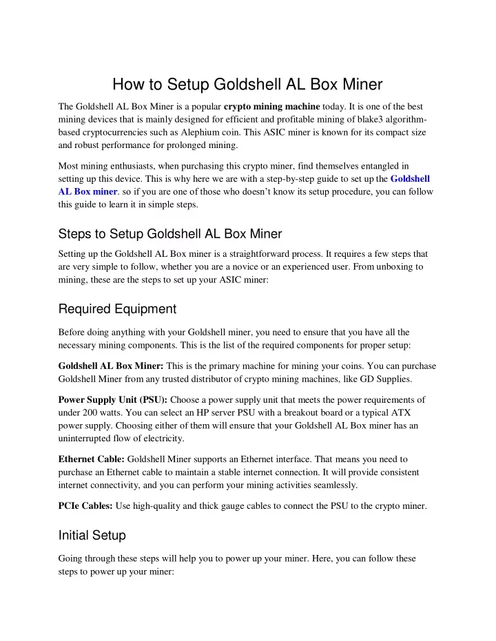 how to setup goldshell al box miner