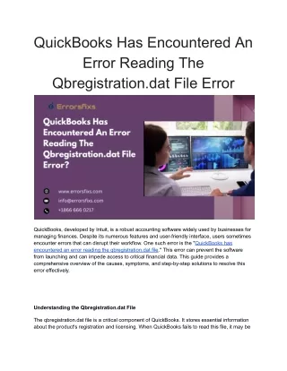 QuickBooks Has Encountered An Error Reading The Qbregistration