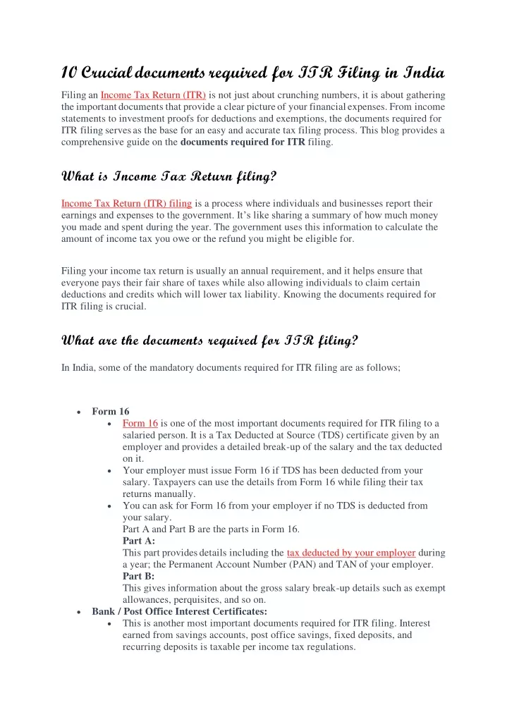 10 crucial documents required for itr filing