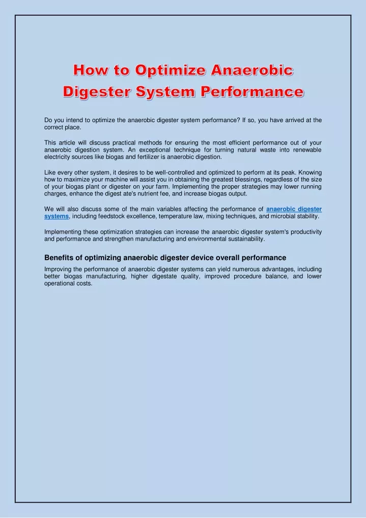 do you intend to optimize the anaerobic digester