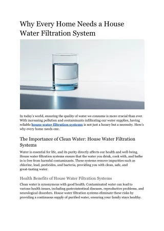 Why Every Home Needs a House Water Filtration System