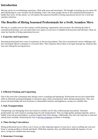 The Benefits of Hiring Seasoned Professionals for a Swift, Seamless Move