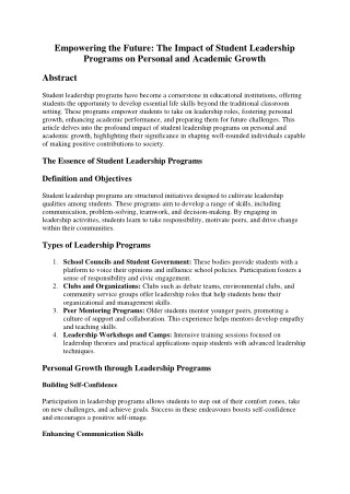 Empowering the Future: The Impact of Student Leadership Programs on Personal and