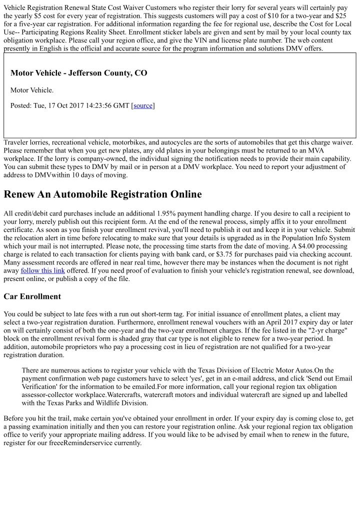 vehicle registration renewal state cost waiver