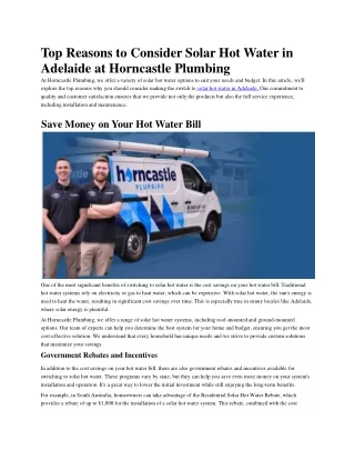 Top Reasons to Consider Solar Hot Water in Adelaide at Horncastle Plumbing