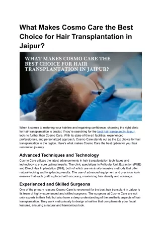 What Makes Cosmo Care the Best Choice for Hair Transplantation in Jaipur_