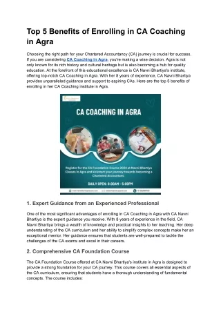 Top 5 Benefits of Enrolling in CA Coaching in Agra