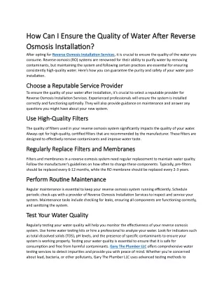 How Can I Ensure the Quality of Water After Reverse Osmosis Installation?