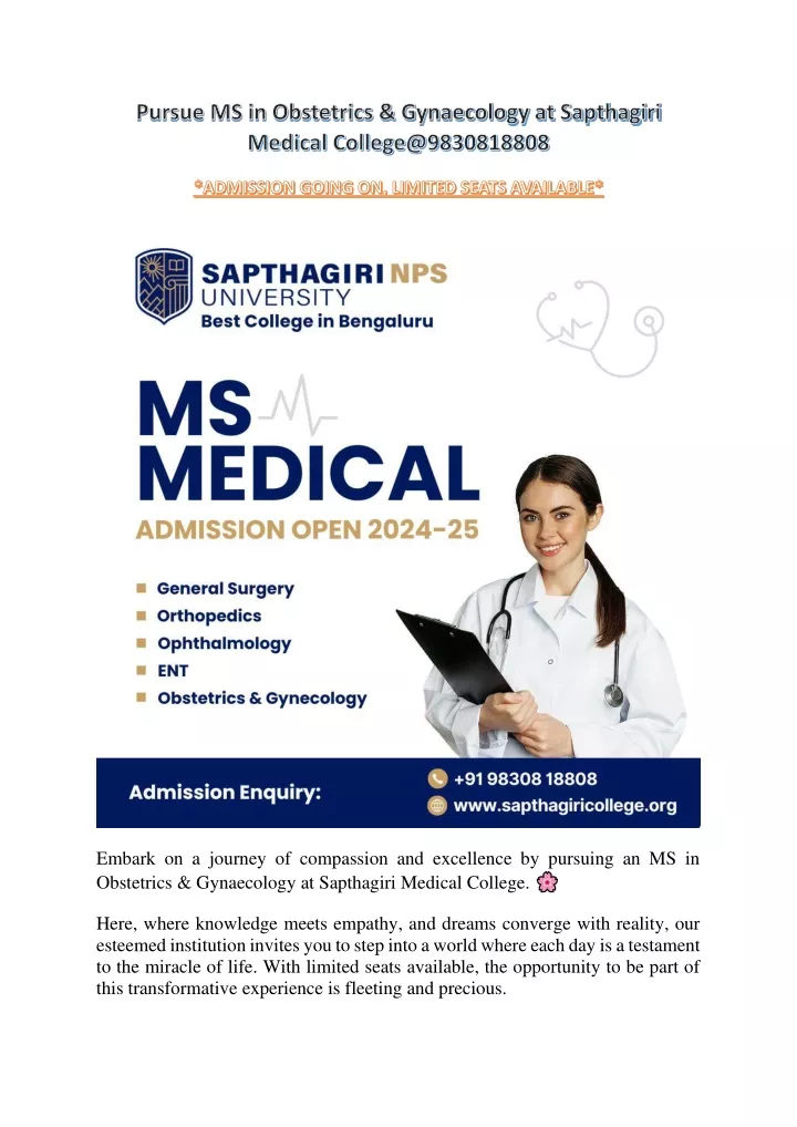 pursue ms in obstetrics gynaecology at sapthagiri