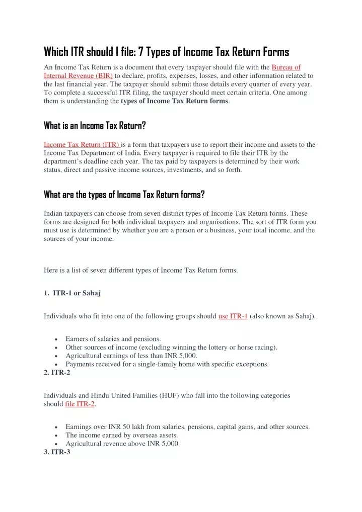 which itr should i file 7 types of income