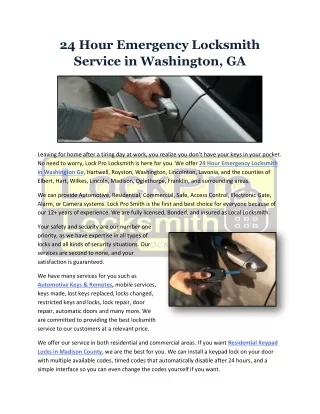 24 Hour Emergency Locksmith Service in Washington, GA