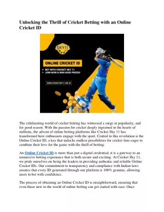 Unlocking the Thrill of Cricket Betting with an Online Cricket ID