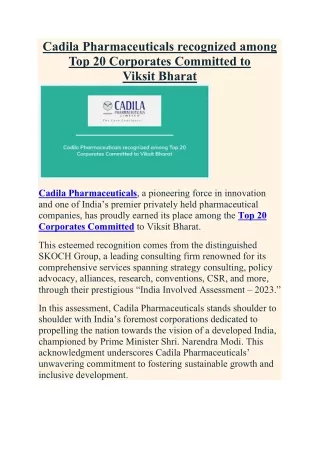 Cadila Pharmaceuticals recognized among Top 20 Corporates Committed to Viksit