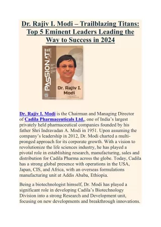 Dr Rajiv I Modi Chairman & MD of Cadila Pharmaceuticals