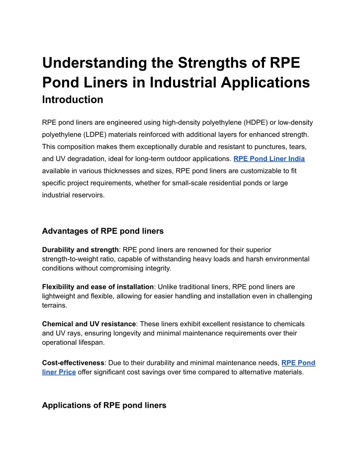 understanding the strengths of rpe pond liners