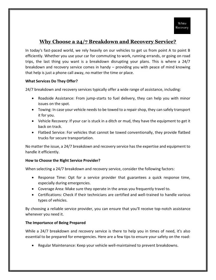 why choose a 24 7 breakdown and recovery service