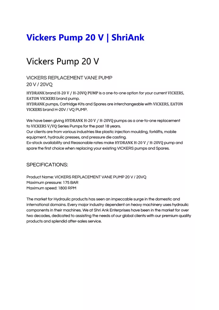 vickers pump 20 v shriank vickers pump