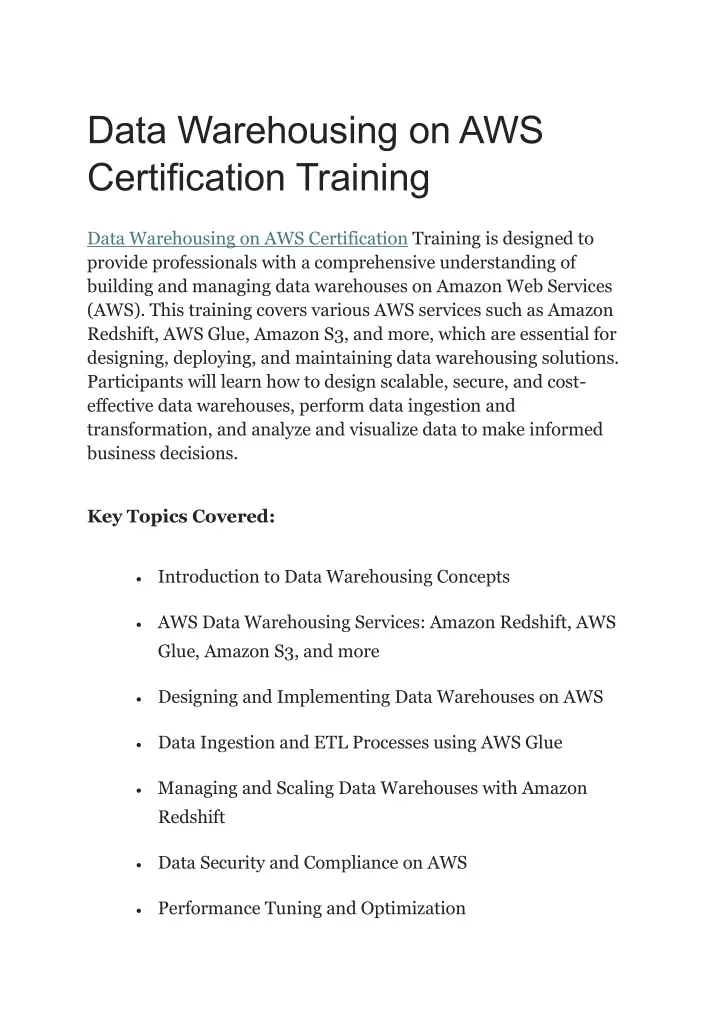 data warehousing on aws certification training