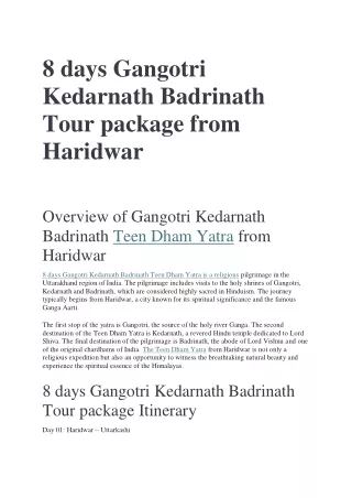 8 days Gangotri Kedarnath Badrinath Tour package from Haridwar