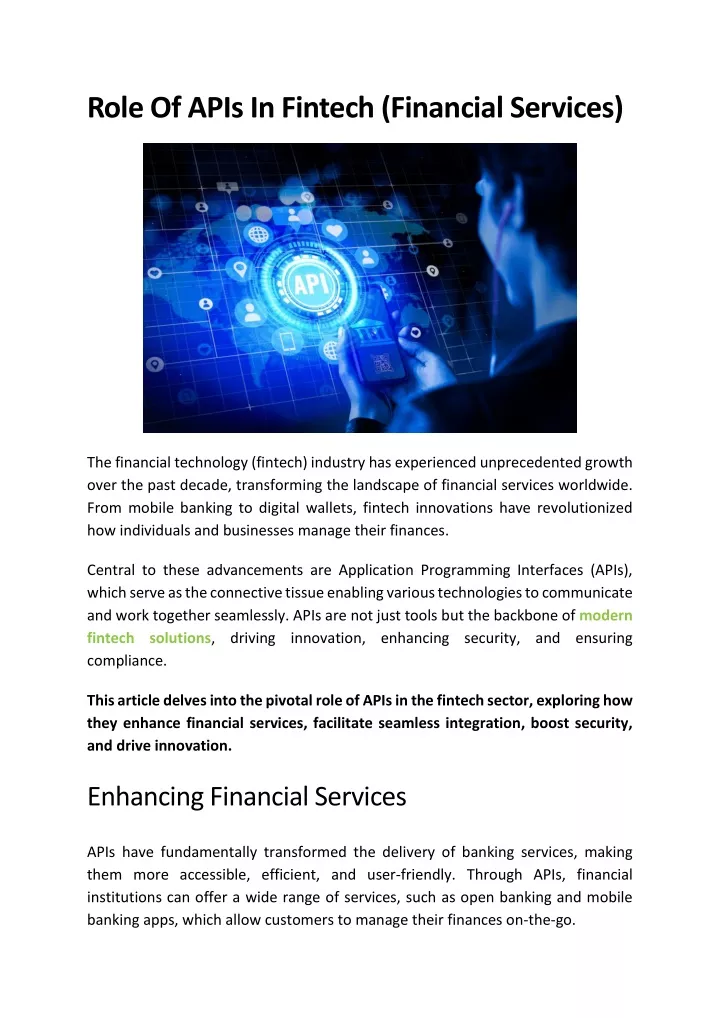 role of apis in fintech financial services