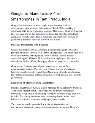 Google to Manufacture Pixel Smartphones in Tamil Nadu, India