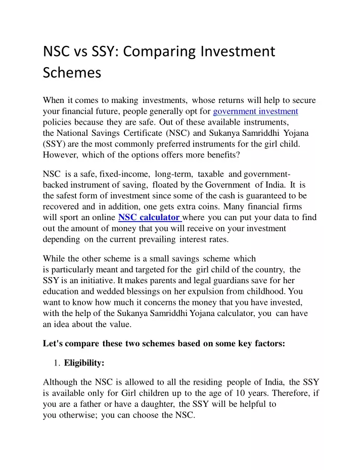 nsc vs ssy comparing investment schemes