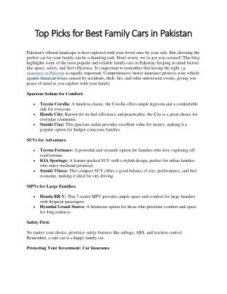 Top Family Cars in Pakistan & Must-Have Car Insurance